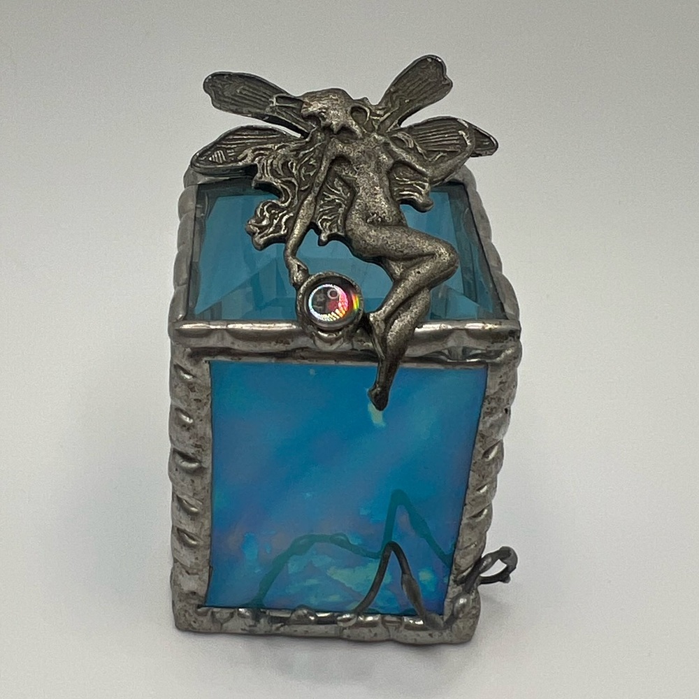 Rare Fairy Stained Glass Pewter Miniature Box Vintage Cottagecore Fairycore